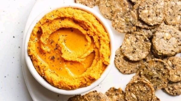 Tasty FODMAP foods. Pumpkin Dip and Teff crackers made with Certified Low Fodmap Zesty Pep