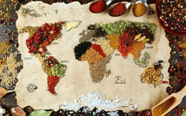 This map made with spices represents the flavours of the world found on our Walkabout Salt.