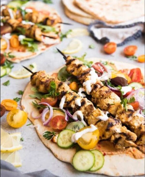 Kebabs marinated in middle east rub cooked on the BBQ, served with yoghurt.